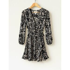 Milly Wrap Dress Beige Black Animal Print Long Sleeve Mini Flowy Tie Waist Small